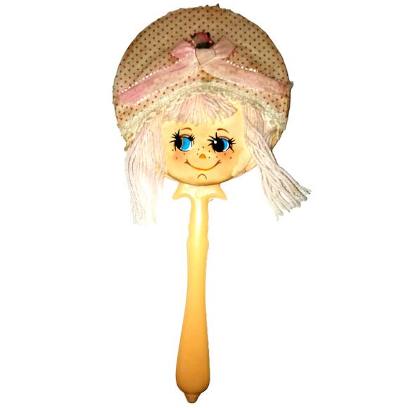 10" Vintage Childs Doll Face Hand Held Mini Doll Mirror - Picture 1 of 6